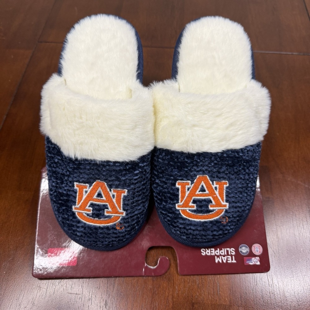 FOCO Auburn Tigers Women's Fuzzy‎ Slippers  Blue White Small 5-6 New War Eagle